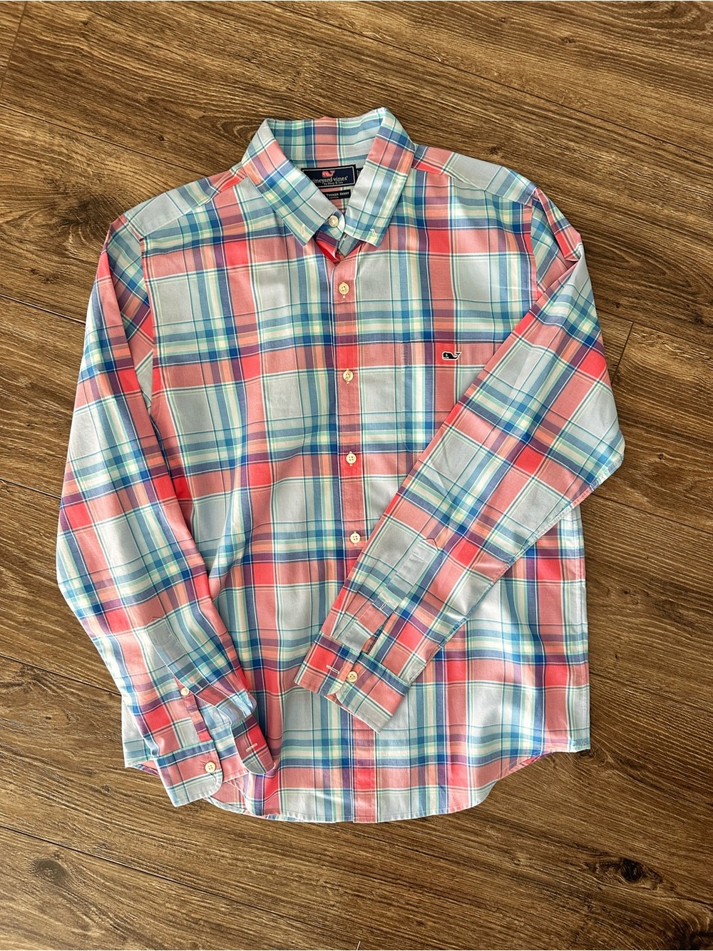 Vineyard Vines Coral and Blue Plaid Button-Down Shirt